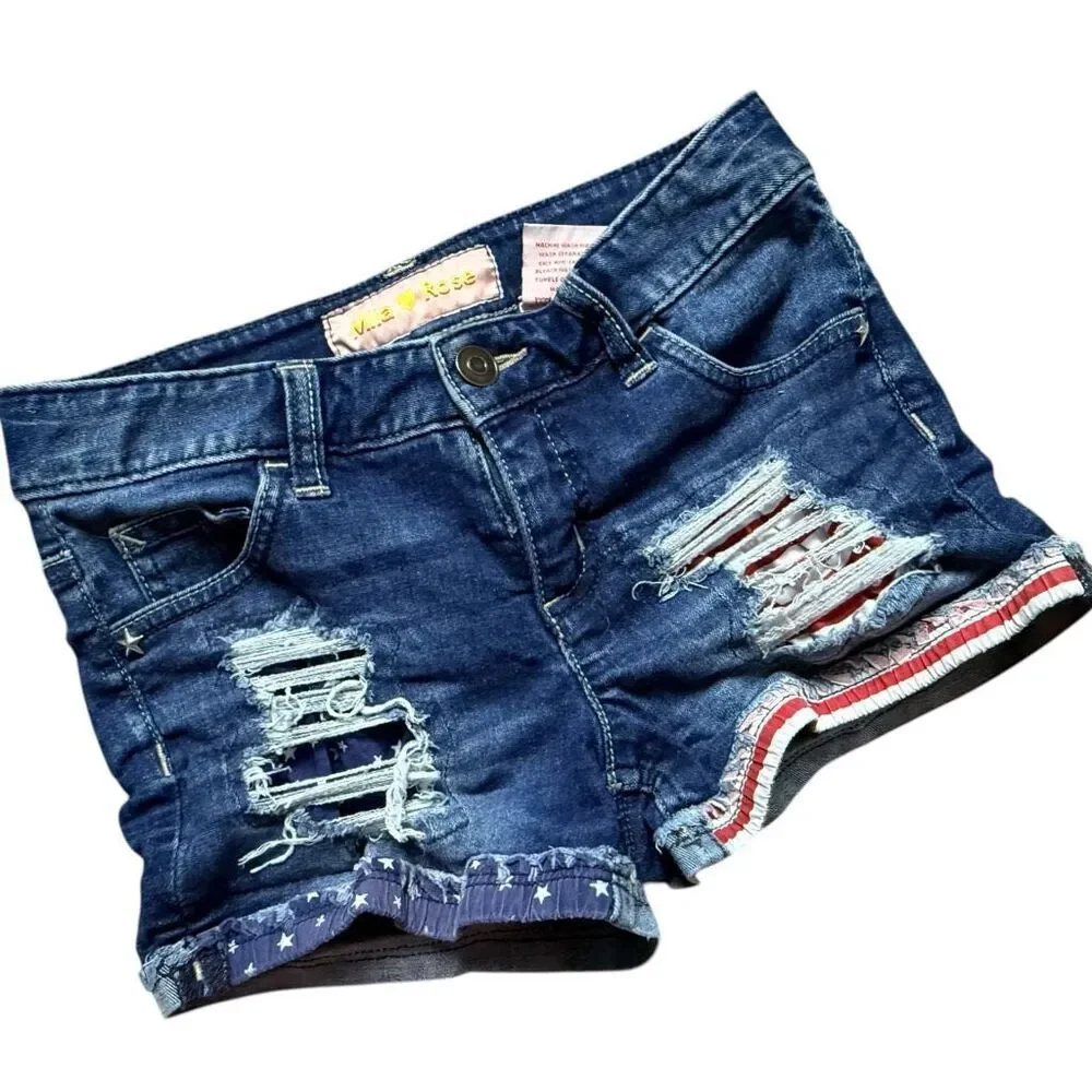 Youth Girls Miia Rose American Flag Cuffed Dark Wash Denim Jean Shorts - Sz 12
